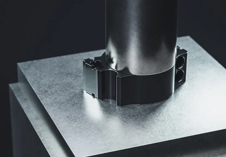 Rendering: Duroplast-Bauteil bleibt unter dem Druck eines Stempels formstabil